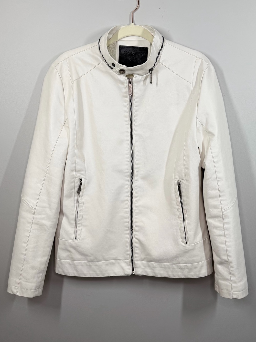 American Breed White Faux Leather Cafe Racer Moto Jacket Faux Fur Lined Medium